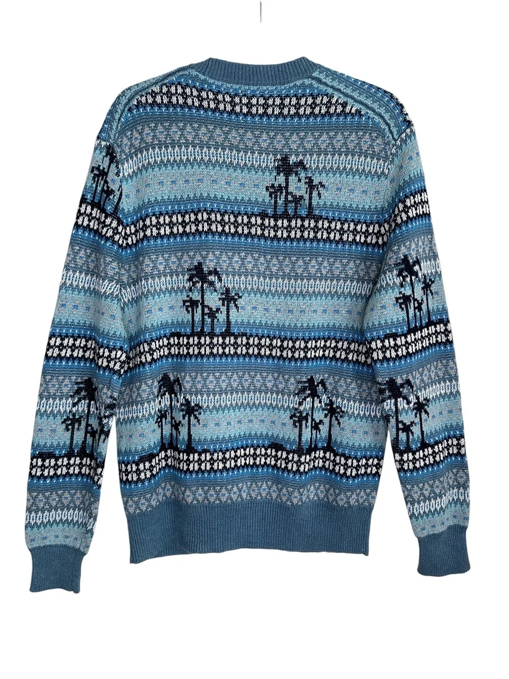 J. CREW Palm Tree Fair Isle Cardigan Blue Linen Cotton Coastal Beach Knit Size M